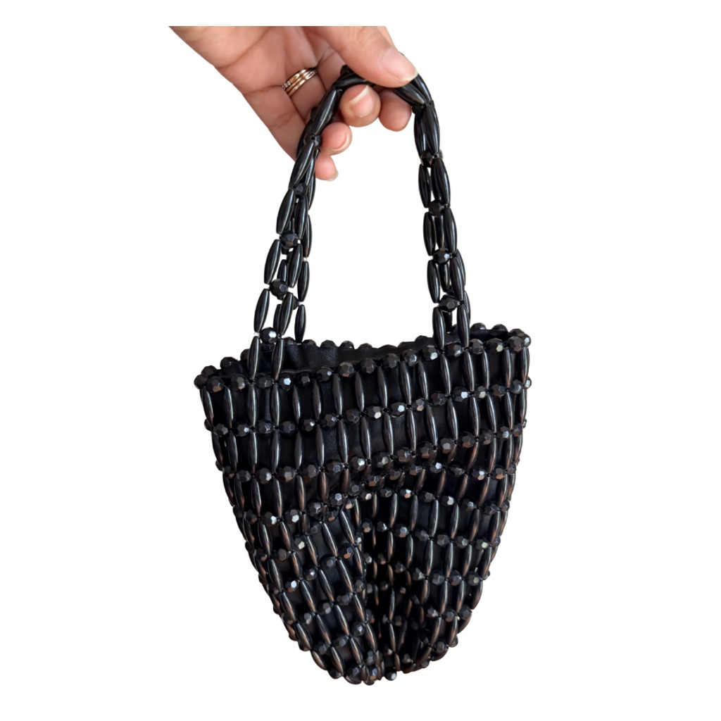 Vintage Black Plastic Beaded Small Purse 90s Chic Festival Whimsigoth Mini Lined